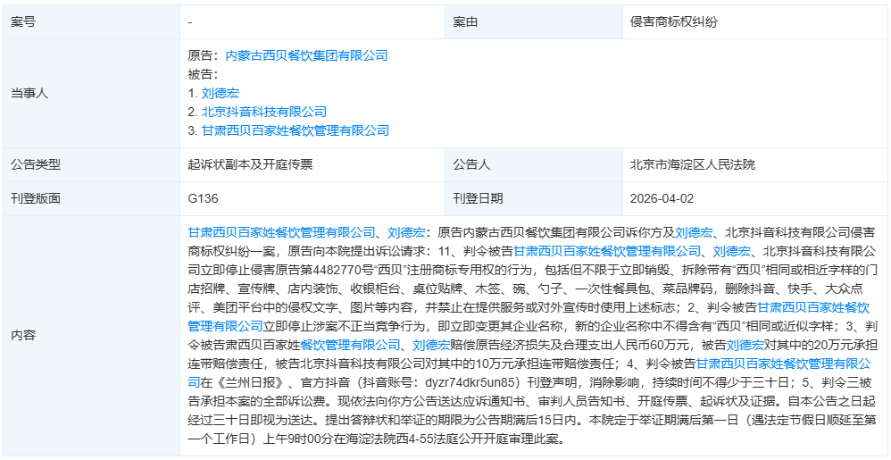 西贝起诉西贝百家姓索赔60万元,要求变更其企业名称,新的名称中不得含有“西贝”相同或近似字样