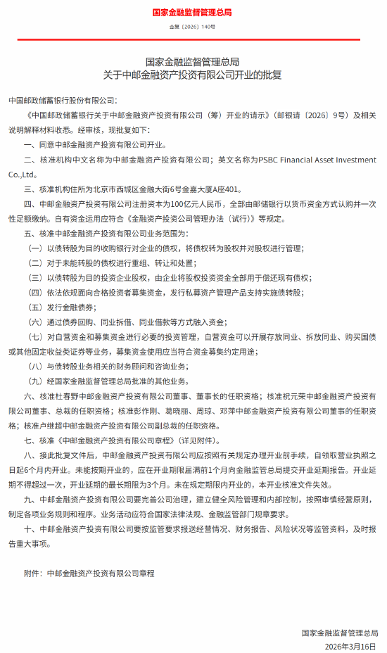 中邮金融资产投资有限公司获批开业，杜春野出任董事长、祝元荣出任总裁